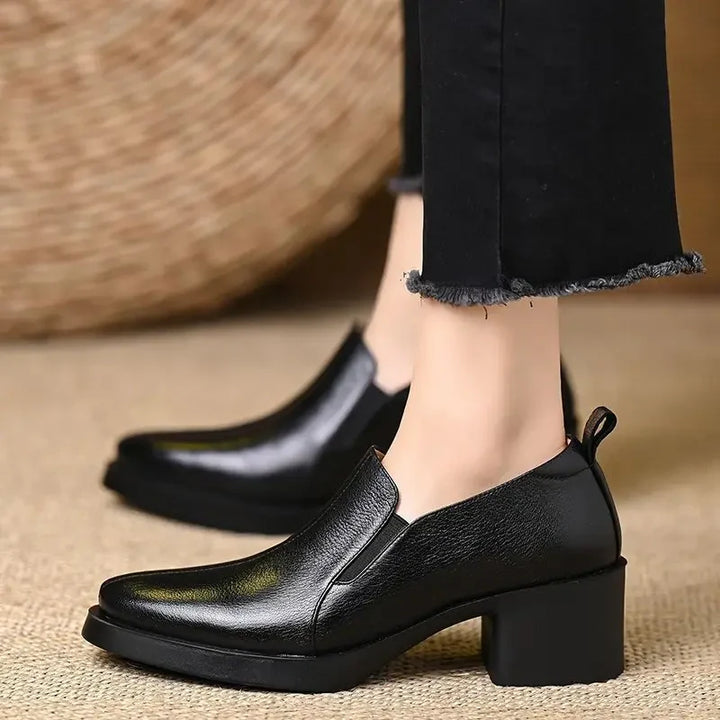 Damen Spitze Leder Loafer Mit Blockabsatz – Freizeit Schuhe