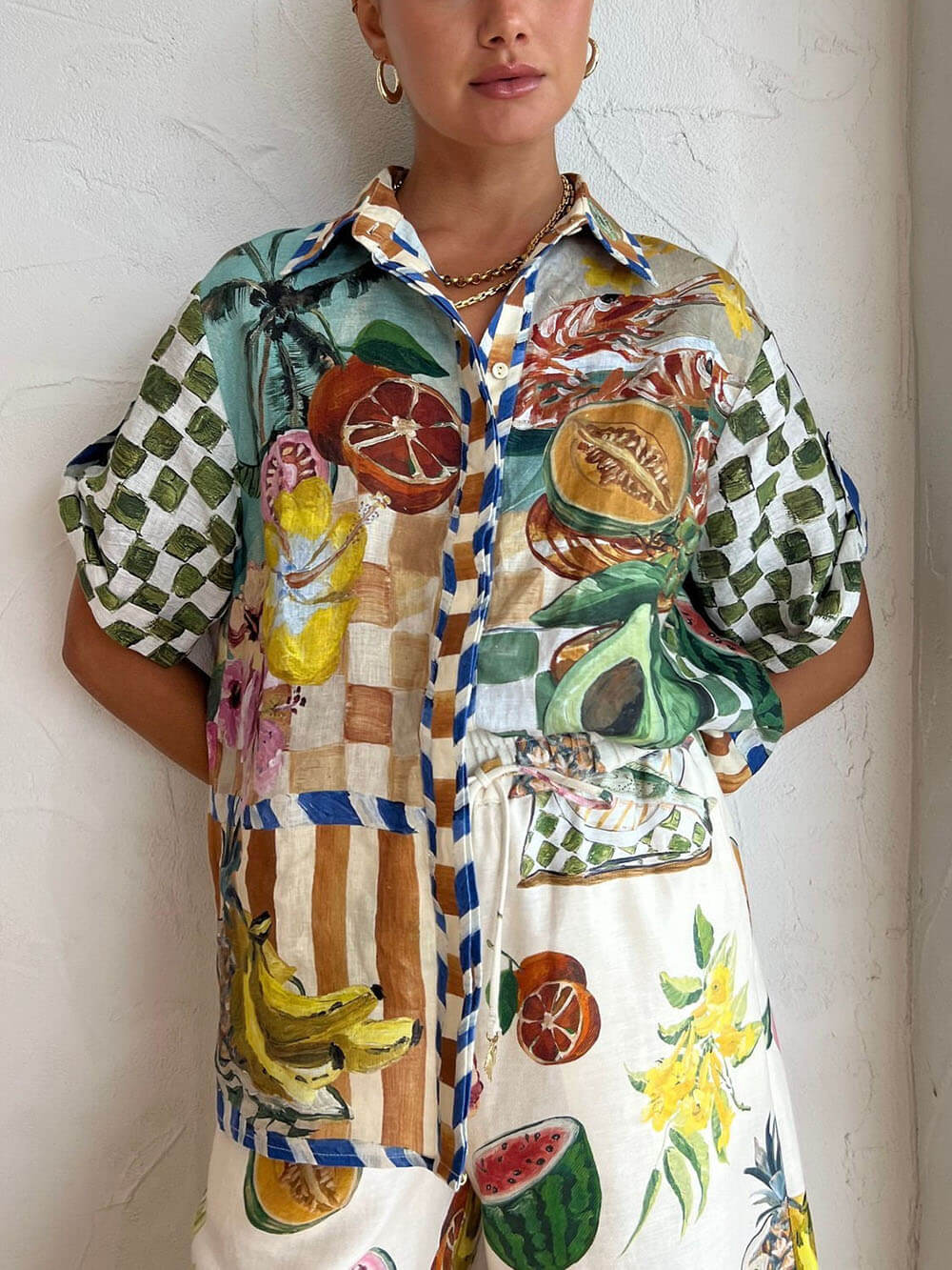 Damen Tropisches Früchteprint Hemd Und Weite Hose Set – Sommer Urlaubsoutfit
