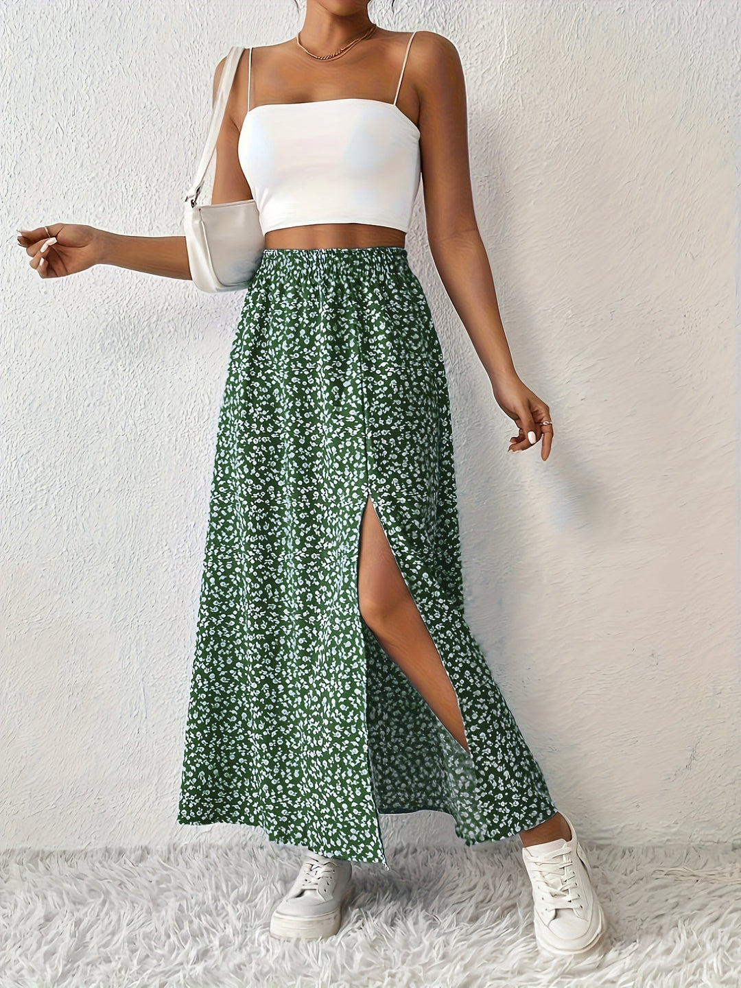Damen-Maxirock mit hohem Bund und Blumenmuster – Leichtes Modell mit Seitenschlitz