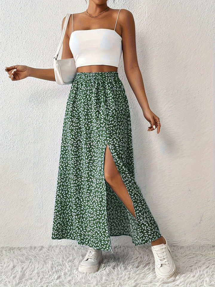 Damen-Maxirock mit hohem Bund und Blumenmuster – Leichtes Modell mit Seitenschlitz
