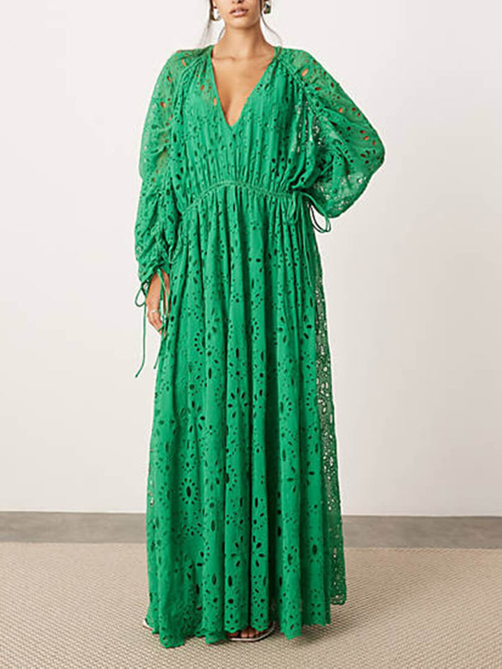 Damen V-Ausschnitt Oversize Maxi Spitzenkleid Mit Geraffter Taille – Elegantes Fließendes Kleid