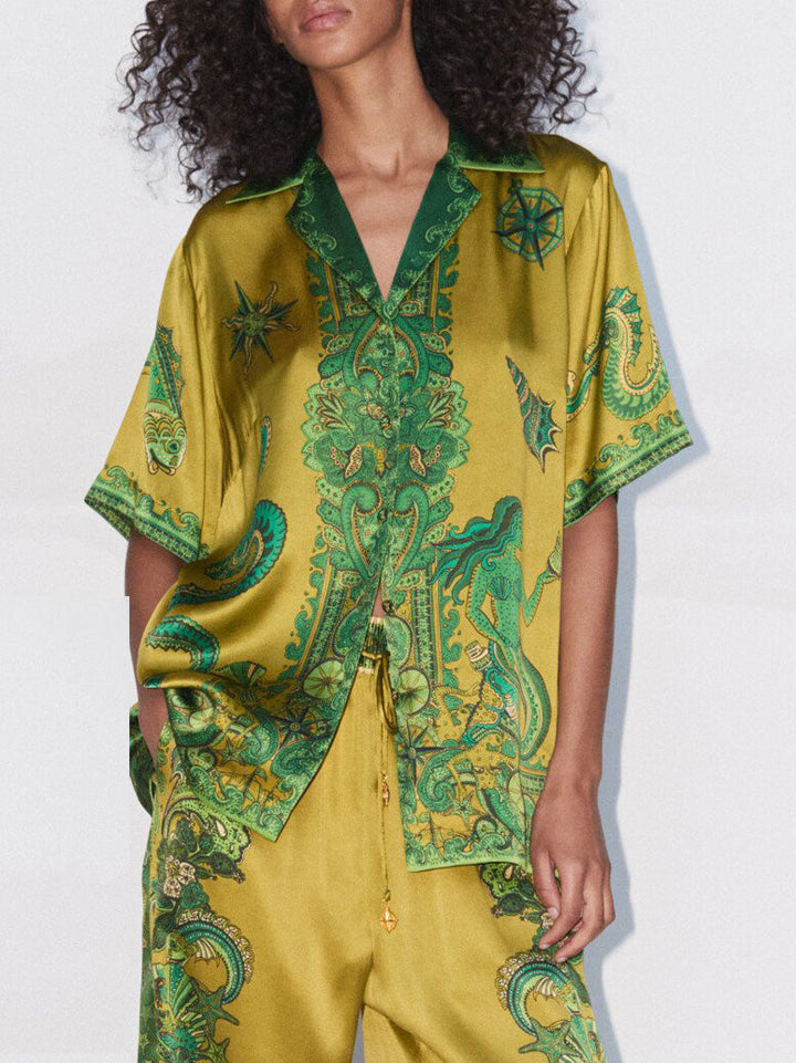 Damen Einzigartige Blumenprint Satin Bluse Mit Knopfleiste Locker – Elegante Bluse