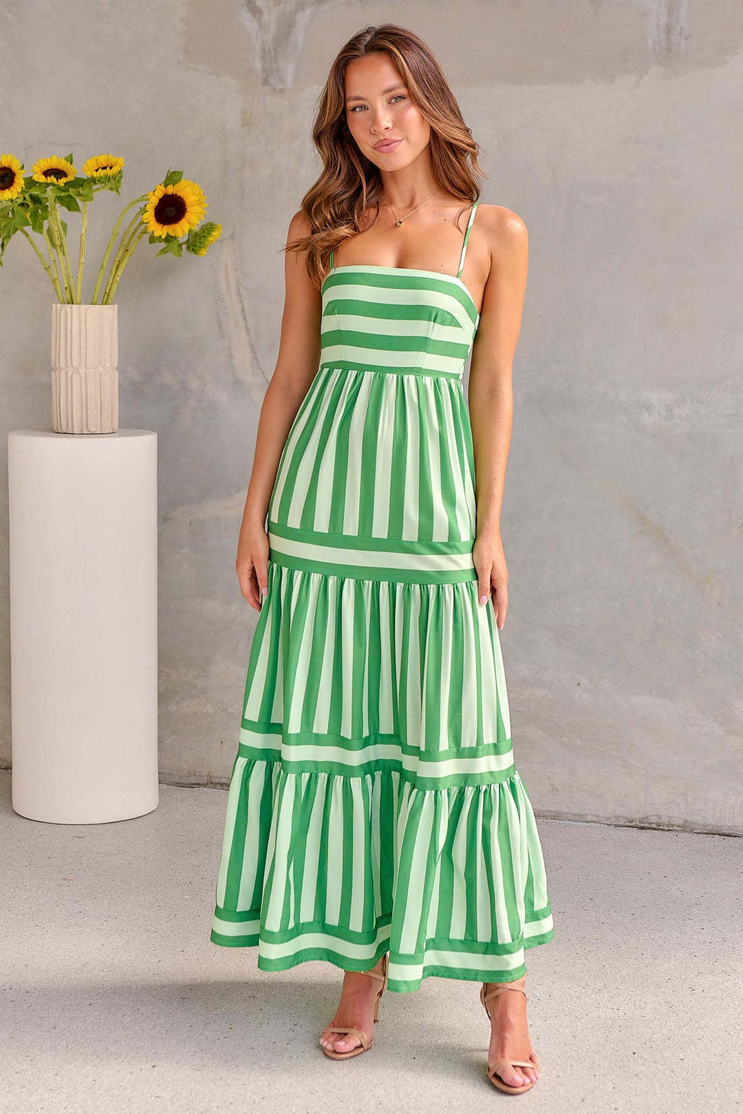 Damen Langes Kleid Mit Spaghettiträgern Und Streifenmuster
