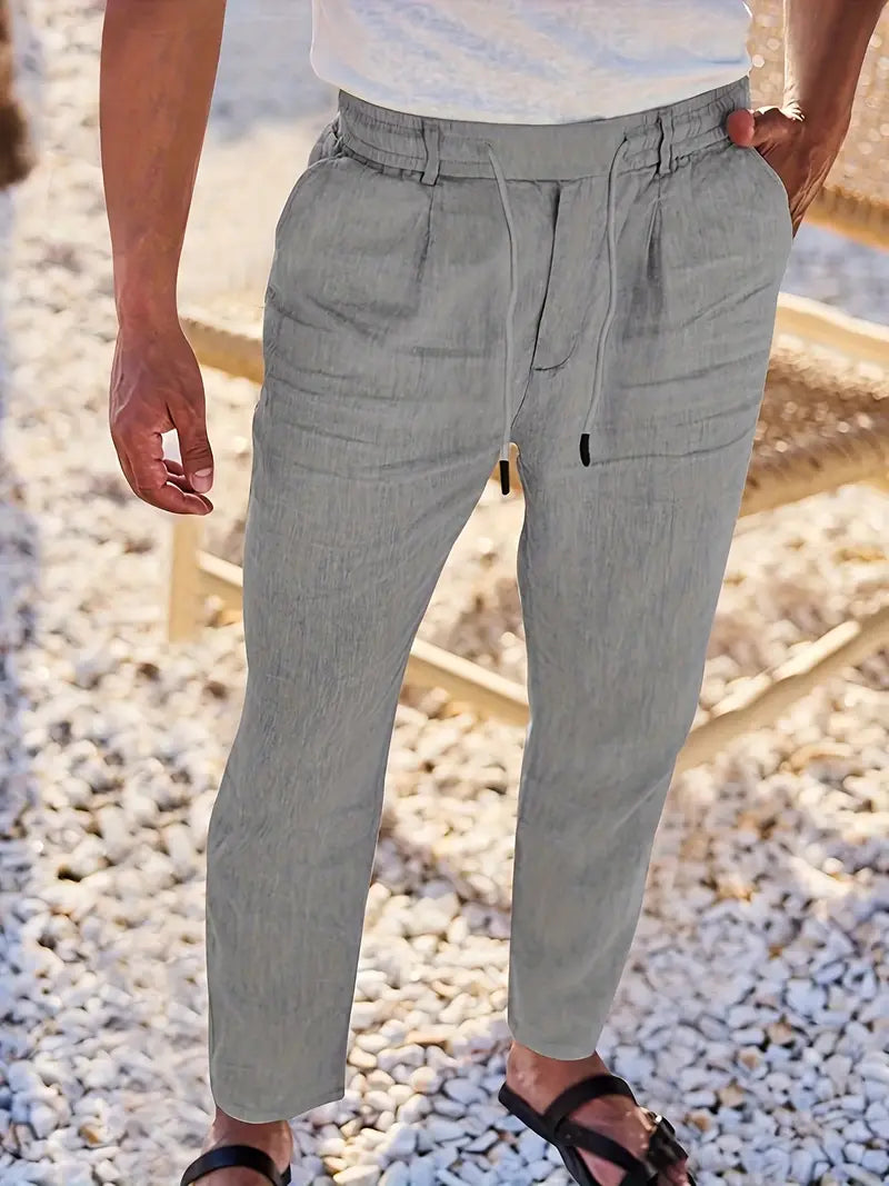 Herren Weit Geschnittene Leinenhose – Freizeit Sommerhose Mit Kordelzug