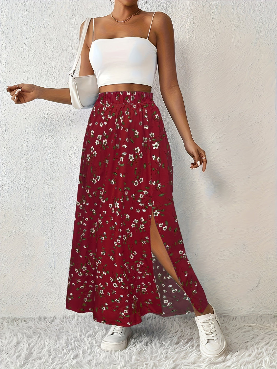 Damen-Maxirock mit hohem Bund und Blumenmuster – Leichtes Modell mit Seitenschlitz