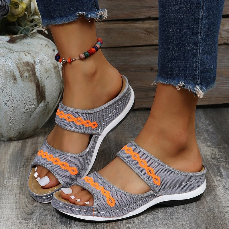 Damen Boho Offene Sandalen – Flache Sommer Slip-On Pantoletten