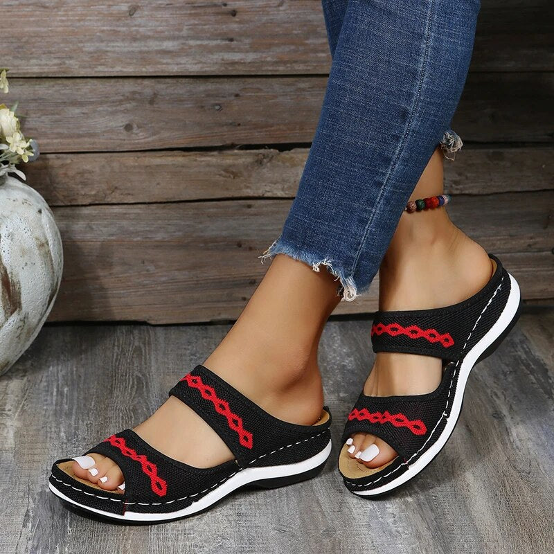 Damen Boho Offene Sandalen – Flache Sommer Slip-On Pantoletten