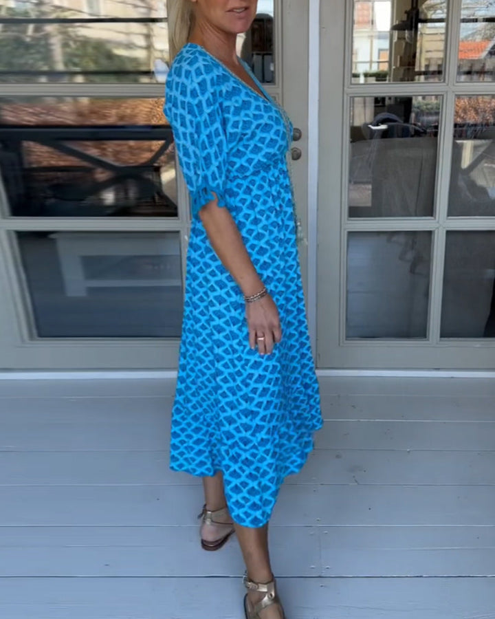 Damen Blaues Geblümtes Weit Schwingendes Kleid