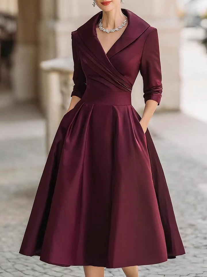 Damen Satin V-Ausschnitt Midi Kleid – Langarm Elegantes Kleid Mit Kragen