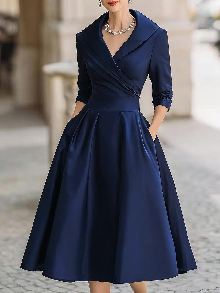 Damen Satin V-Ausschnitt Midi Kleid – Langarm Elegantes Kleid Mit Kragen