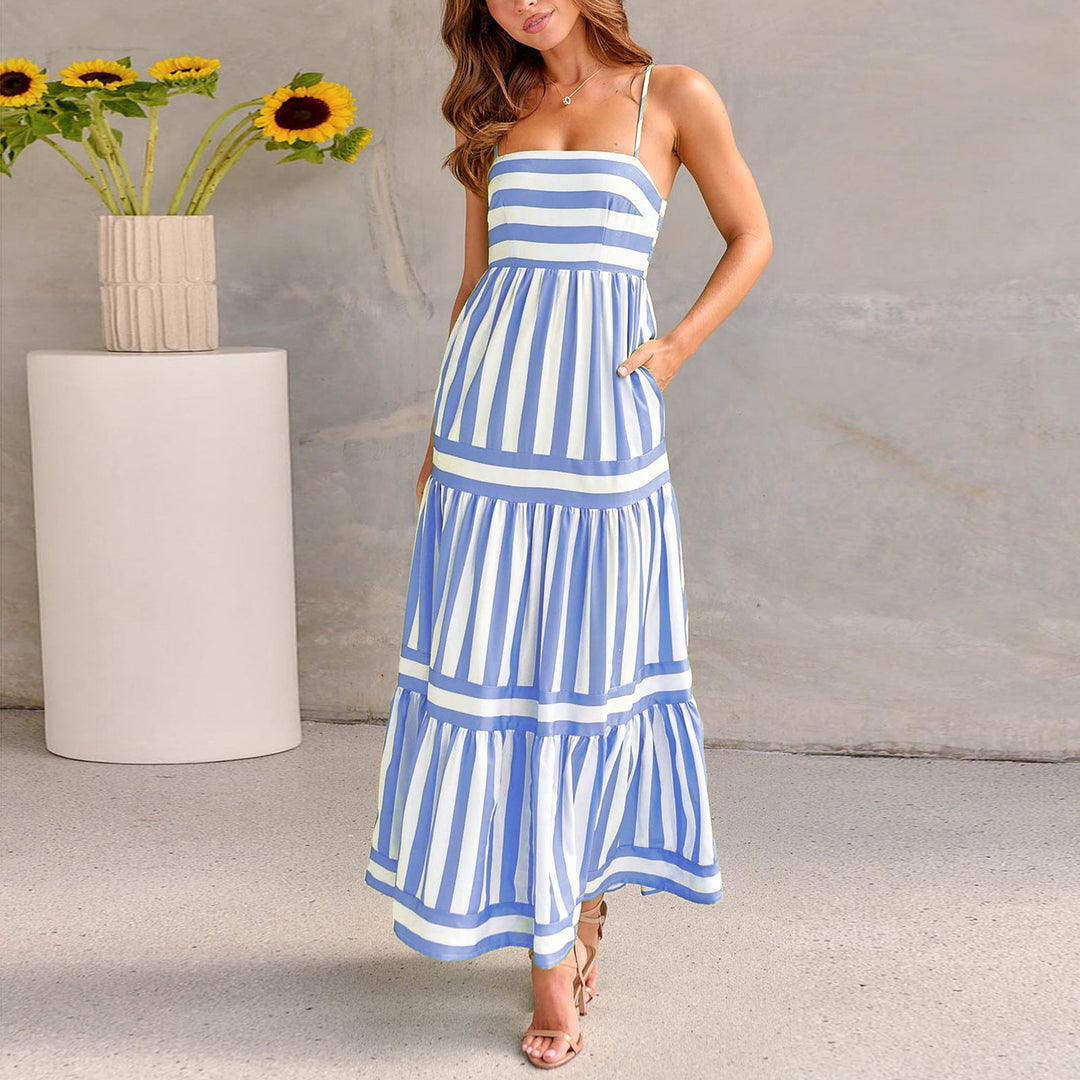 Damen Langes Kleid Mit Spaghettiträgern Und Streifenmuster