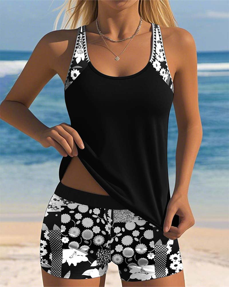 Damen Blaues Ärmelloses Badeanzug Set