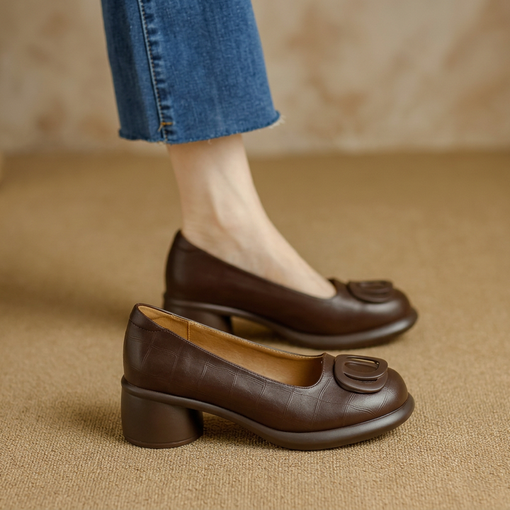 Damen Braune Geschlossene Lederschuhe Mit Blockabsätzen – Stilvolles Bequemes Schuhwerk