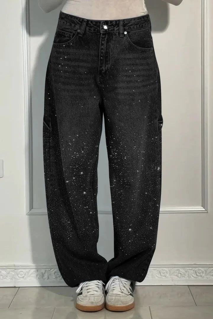 Damen Glitzer Denim Baggy Hose
