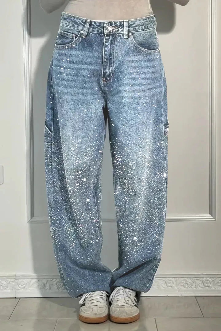 Damen Glitzer Denim Baggy Hose