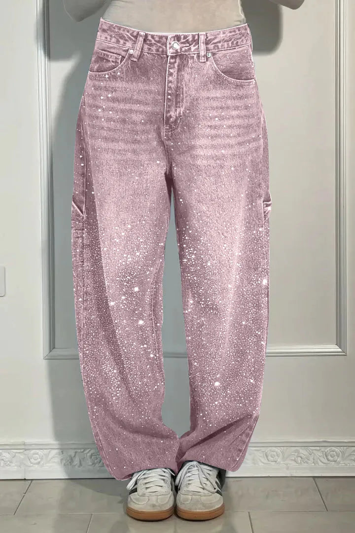 Damen Glitzer Denim Baggy Hose