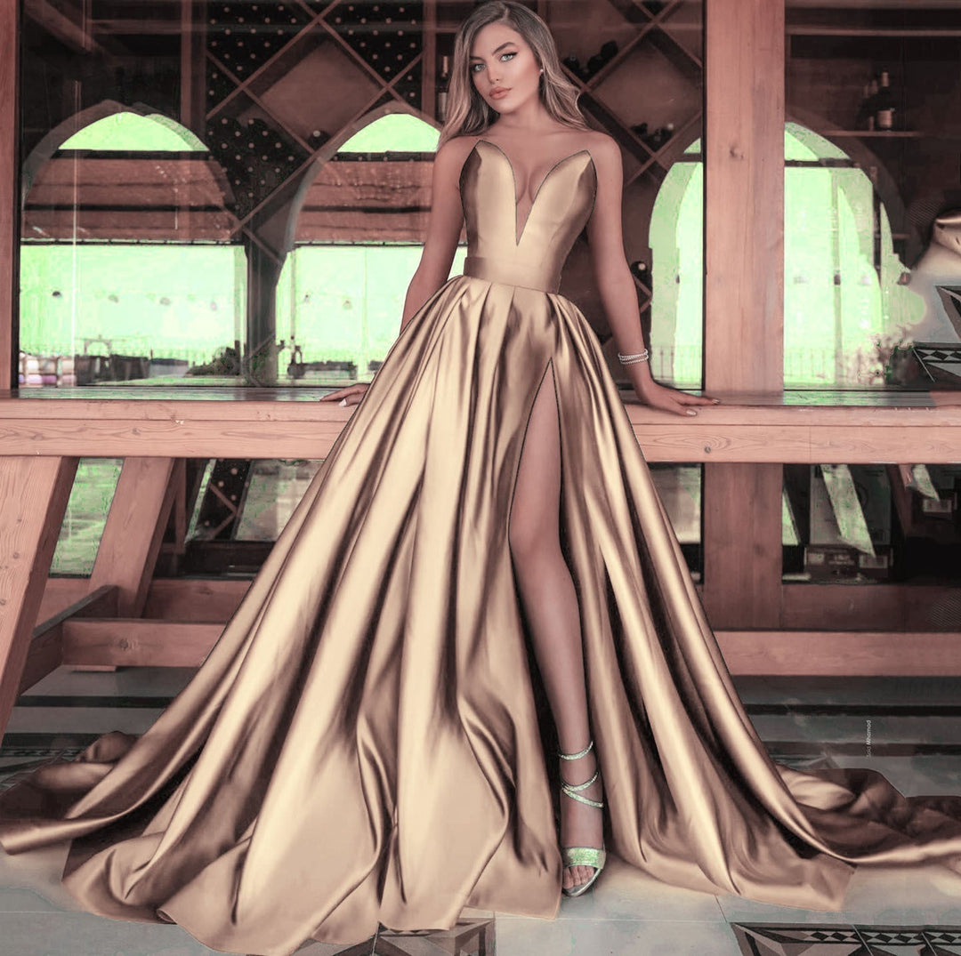 Elegantes Maxikleid mit tiefem V-Ausschnitt und hohem Schlitz für Damen – perfekt für Hochzeiten und andere festliche Anlässe