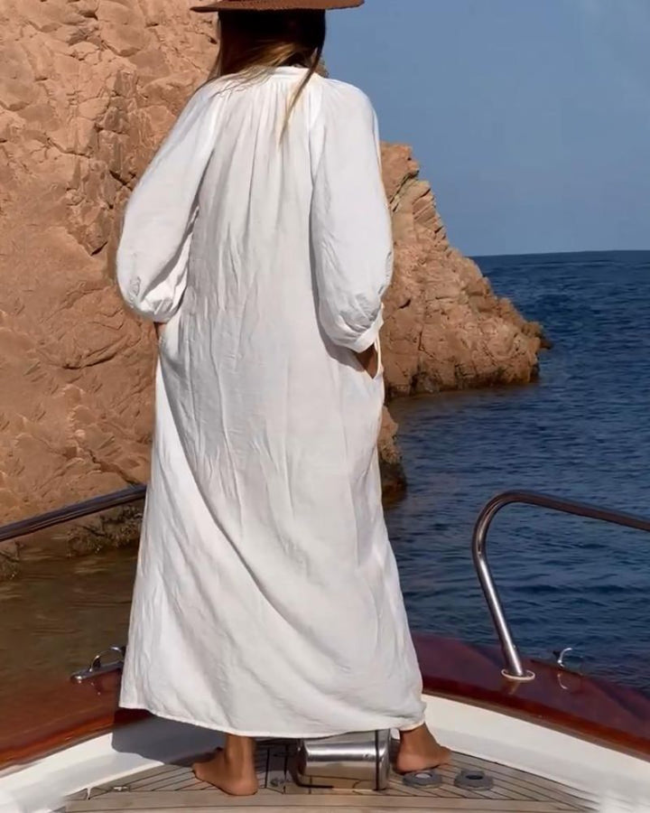 Damen Weißes Maxikleid Mit Puffärmeln
