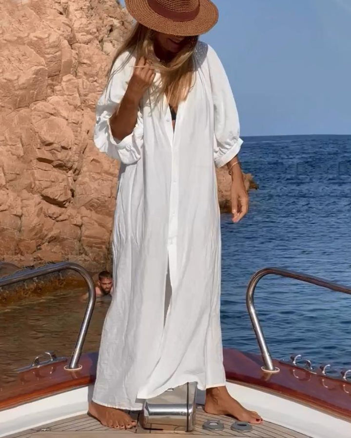 Damen Weißes Maxikleid Mit Puffärmeln
