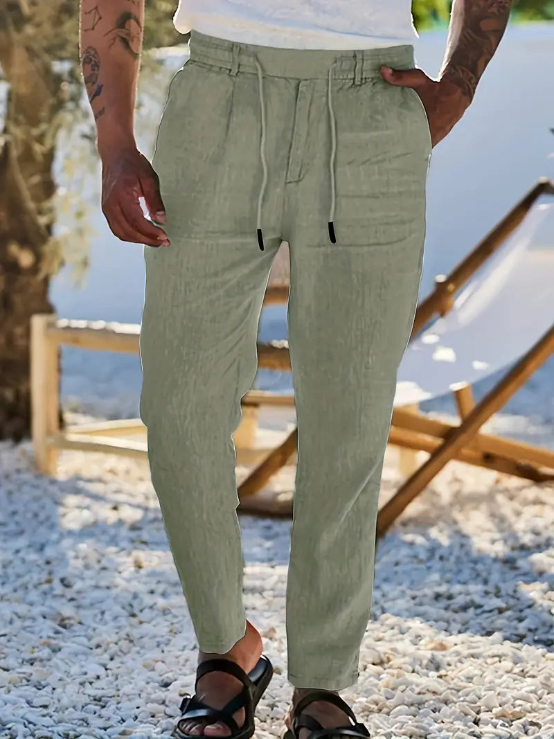 Herren Weit Geschnittene Leinenhose – Freizeit Sommerhose Mit Kordelzug