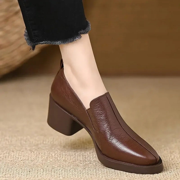 Damen Spitze Leder Loafer Mit Blockabsatz – Freizeit Schuhe