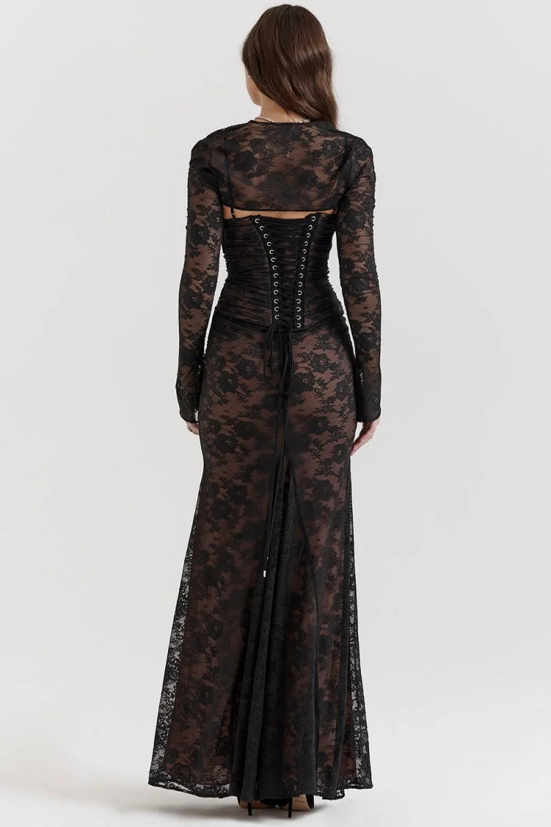 Set aus figurbetontem Maxikleid aus Spitze für Damen – Langärmlige, kurze Jacke