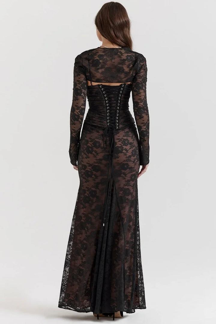 Set aus figurbetontem Maxikleid aus Spitze für Damen – Langärmlige, kurze Jacke