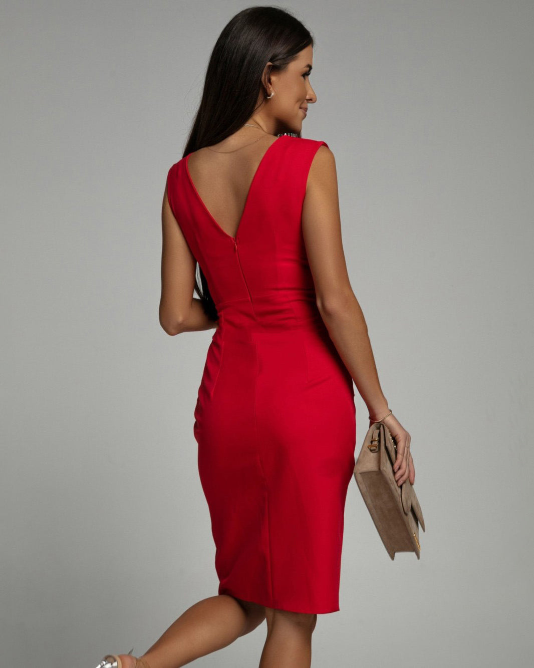 Damen V-Ausschnitt Figurbetontes Business Kleid - Kurzarm Mit Schlitz
