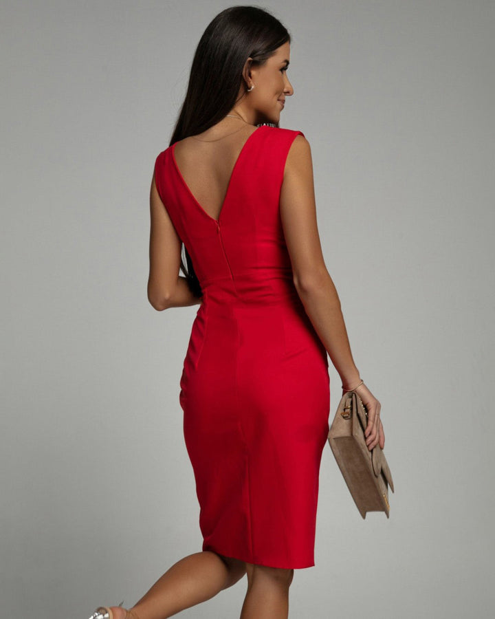 Damen V-Ausschnitt Figurbetontes Business Kleid - Kurzarm Mit Schlitz