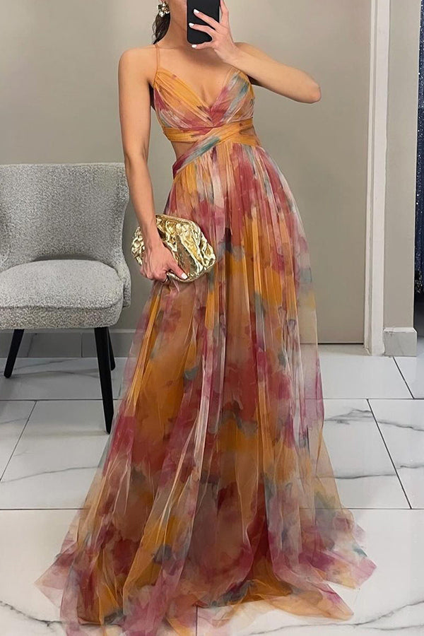 Damen Florales Fließendes Maxikleid – Ärmelloses Elegantes Hochzeitsgast Kleid