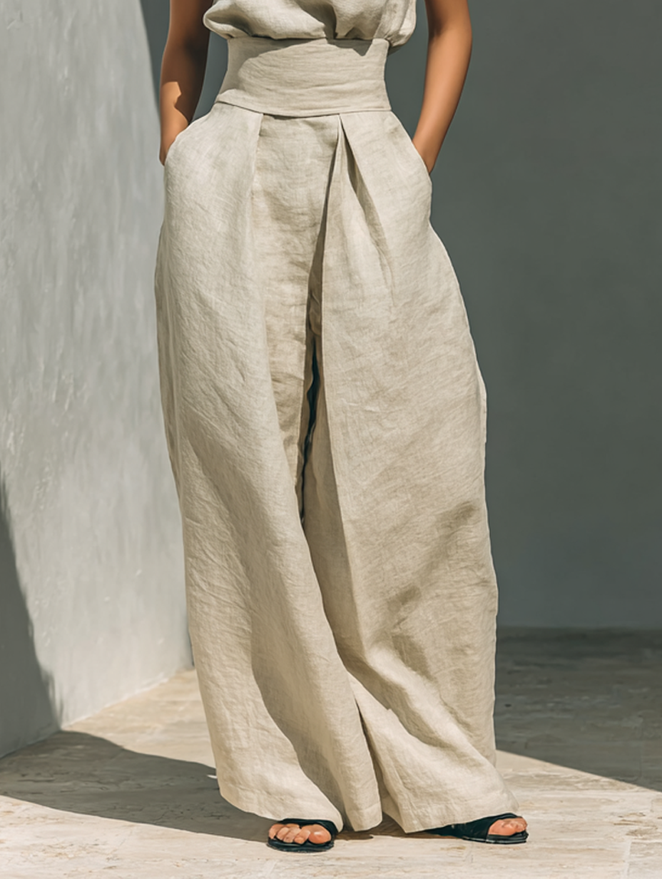 Damen Leinen Zweiteiler Set - Rollkragen Top Weite Hose