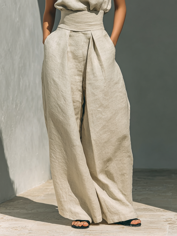 Damen Leinen Zweiteiler Set - Rollkragen Top Weite Hose