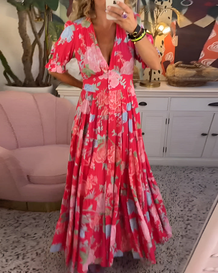 Damen Sommerkleid mit V-Ausschnitt und Blumenmuster