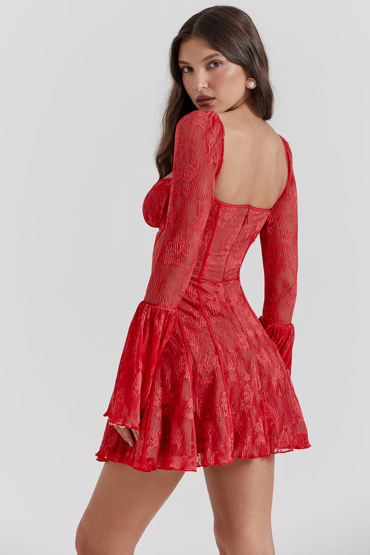 Elegantes Minikleid aus Spitze mit eckigem Ausschnitt und Korsettmuster – Langärmlig