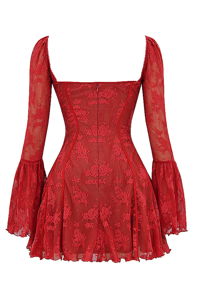 Elegantes Minikleid aus Spitze mit eckigem Ausschnitt und Korsettmuster – Langärmlig