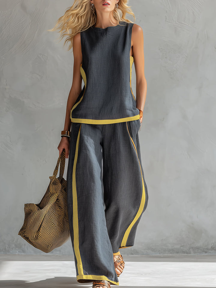 Damen Leinen Zweiteiler Set - Ärmelloses Casual Sommer Outfit