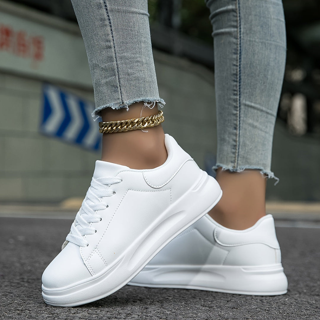 Damen Weiße Leder Sport Sneaker – Freizeit Lace-Up Athletic Schuhe