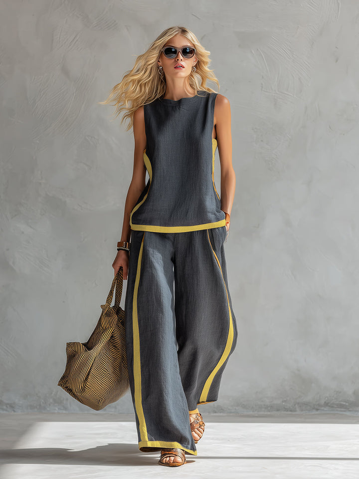 Damen Leinen Zweiteiler Set - Ärmelloses Casual Sommer Outfit