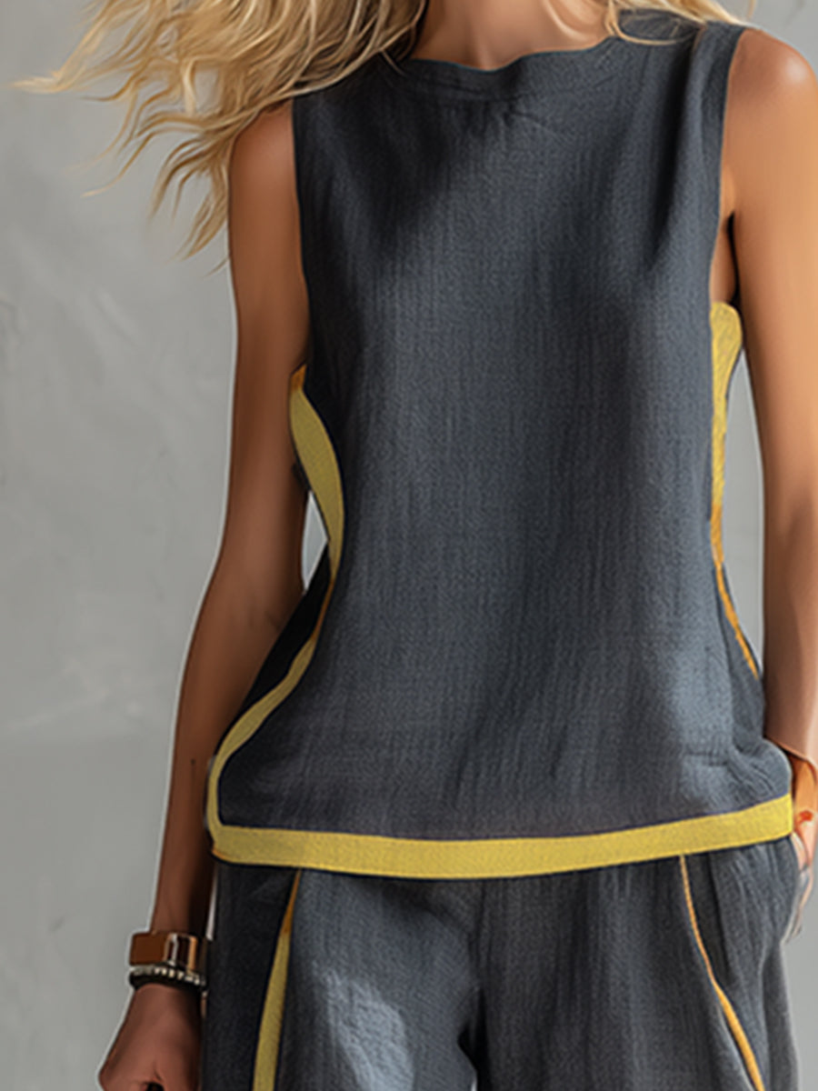 Damen Leinen Zweiteiler Set - Ärmelloses Casual Sommer Outfit