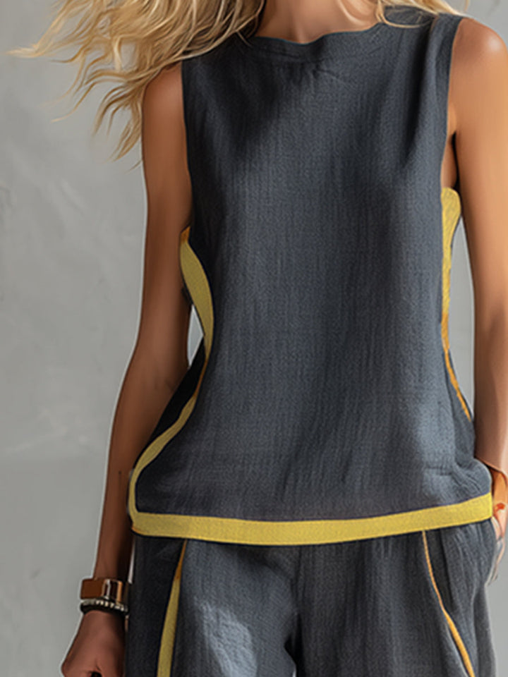 Damen Leinen Zweiteiler Set - Ärmelloses Casual Sommer Outfit
