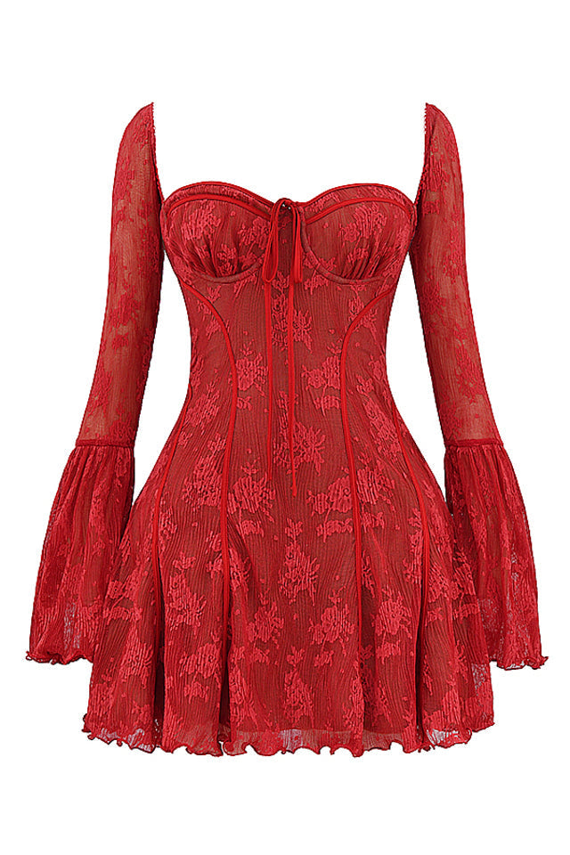 Elegantes Minikleid aus Spitze mit eckigem Ausschnitt und Korsettmuster – Langärmlig