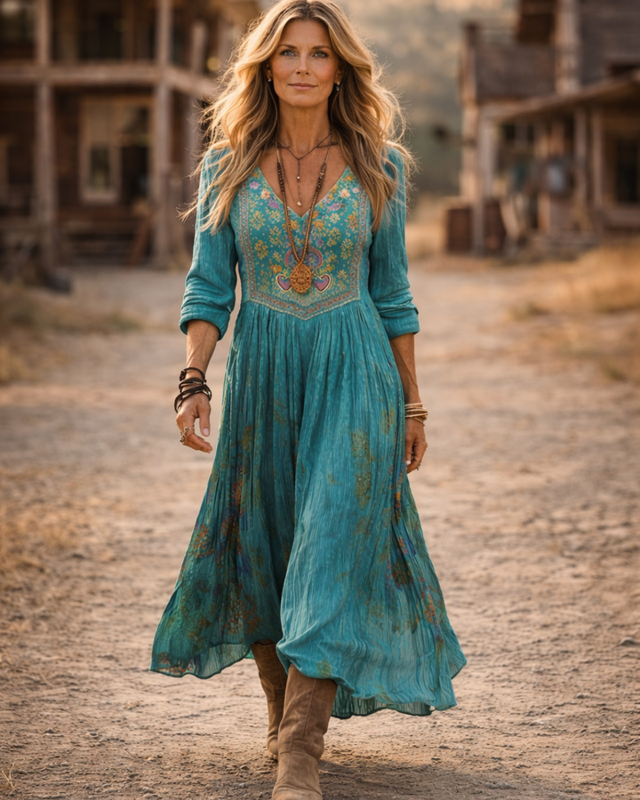 Damen Boho Blumen Langarm Kleid – Vintage Print Maxikleid