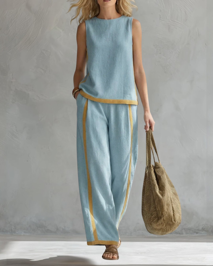 Damen Lockeres Leinen Zweiteiler Set - Ärmelloses Casual Outfit