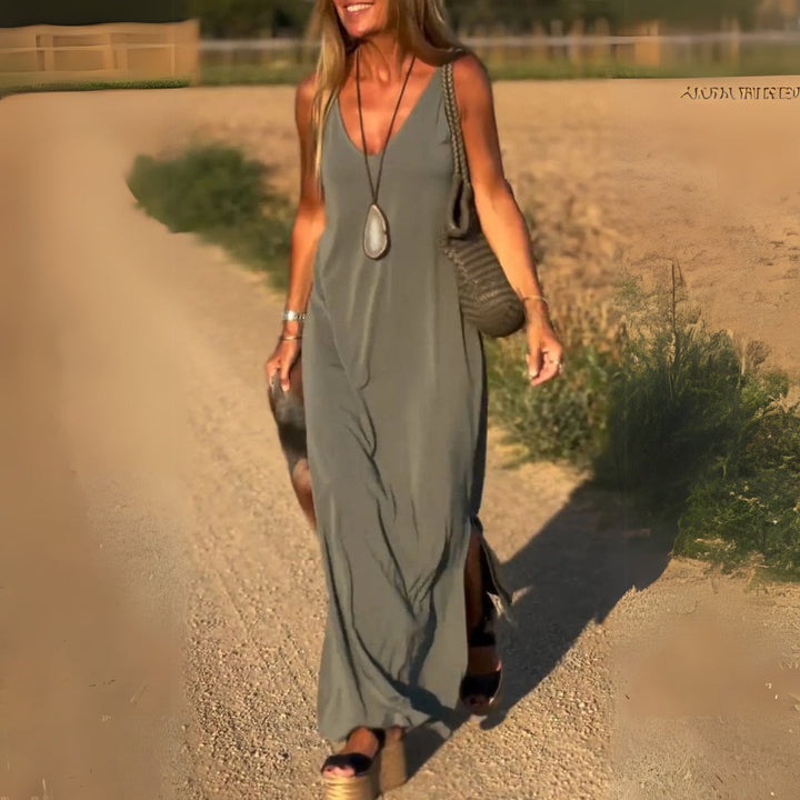 Damen Kleid Mit V Ausschnitt Und Knöchellangem Schnitt