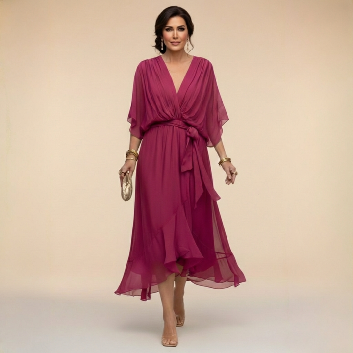 Elegantes, ausgestelltes Chiffon-Midikleid mit V-Ausschnitt und Gürtel für Damen – Perfektes Kleid für Hochzeitsgäste