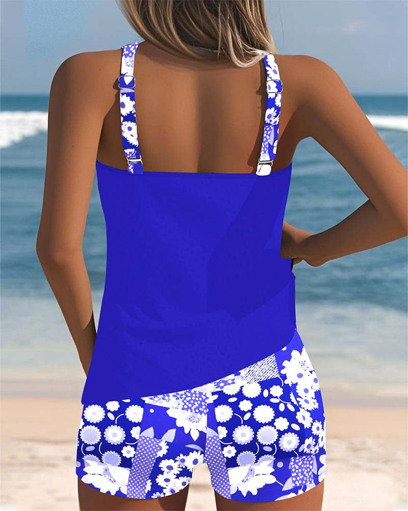 Damen Blaues Ärmelloses Badeanzug Set