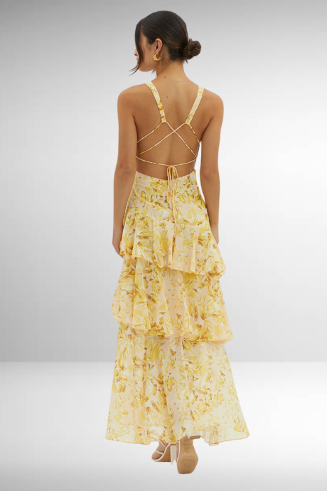 Lagen-Maxikleid aus Chiffon für Damen – Ärmelloses Kleid mit V-Ausschnitt und offenem Rücken