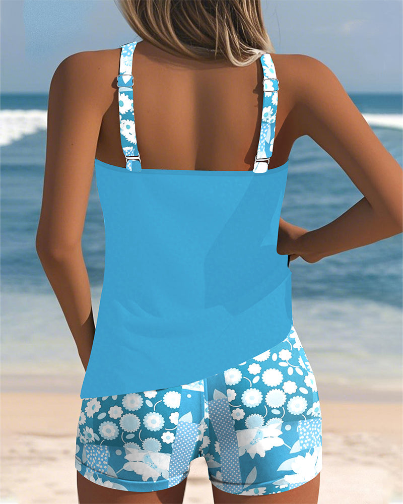 Damen Blaues Ärmelloses Badeanzug Set