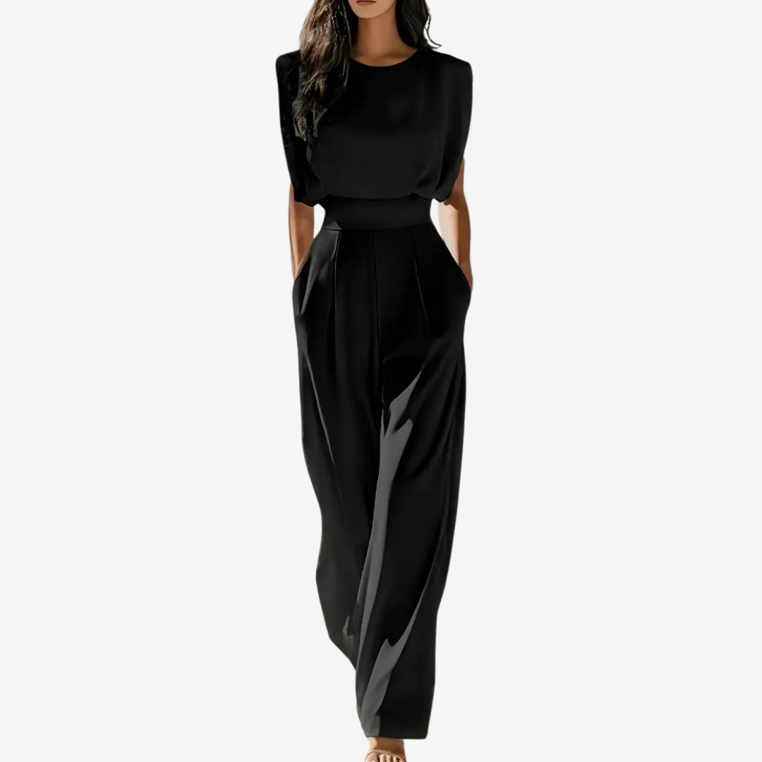 Ärmelloser Damen-Jumpsuit mit hohem Kragen und Gürtel – Elegante Abendgarderobe