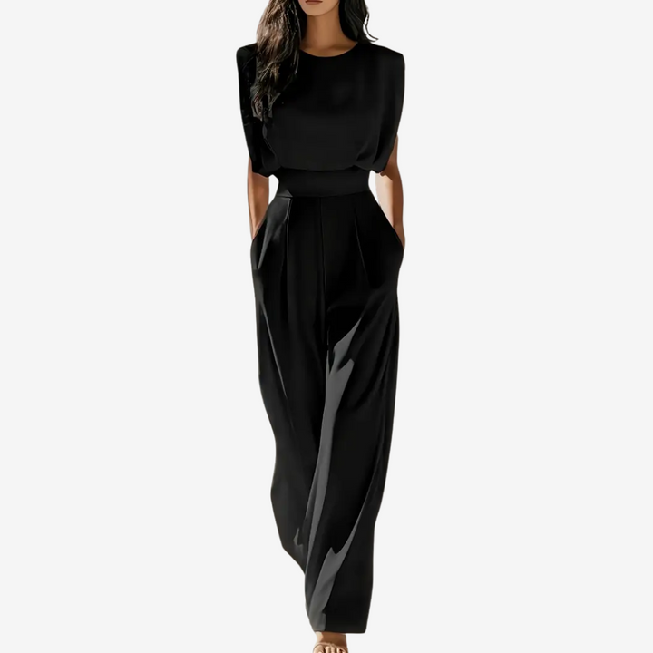 Ärmelloser Damen-Jumpsuit mit hohem Kragen und Gürtel – Elegante Abendgarderobe